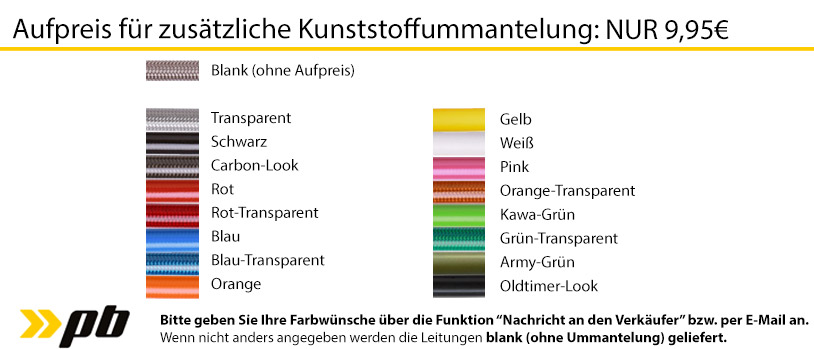 Aufpreise für farbige Kunststoffummantelung für PKW Stahlflex Bremsleitungen