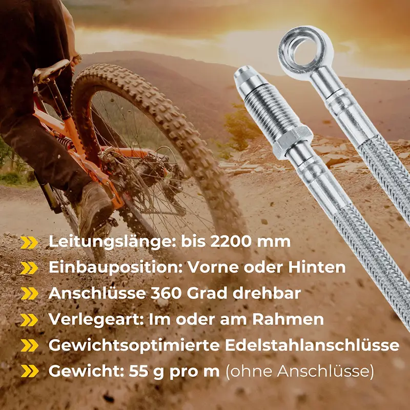 Stahlflex Bremsleitung mit Downhill Aufnahme im Hintergrund und Produktdetails als Text